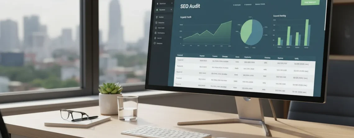 Monitor de birou cu instrument SEO afișând date tehnice pentru site