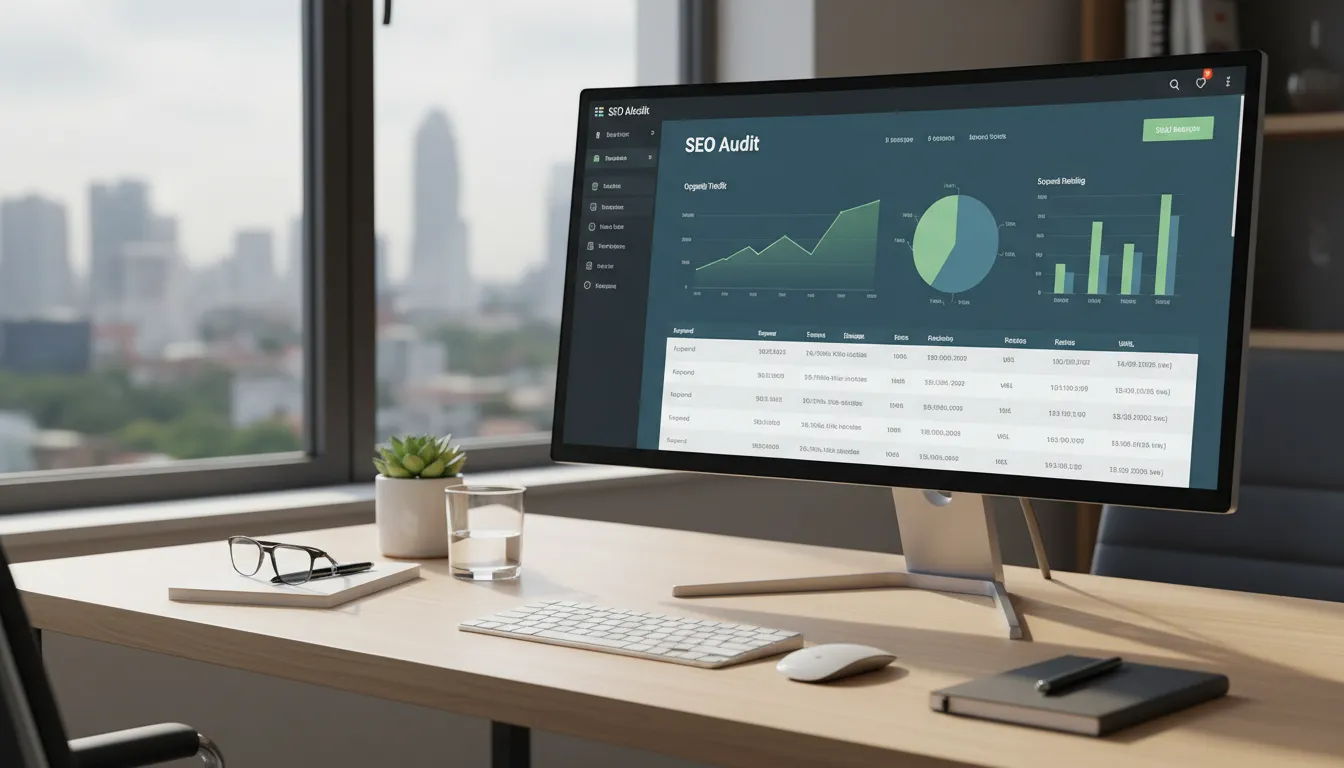 Monitor de birou cu instrument SEO afișând date tehnice pentru site